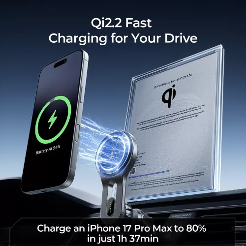 Lisen - Autós tartó with Wireless Charger W704 Pro (YL0225090003) - Szellőzőrácsra, with Charger, Type-C Cable, 25W, Qi2.2 - Black