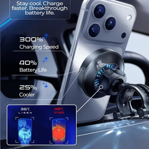 Lisen - Autós tartó with Wireless Charger W116 (YL0225060018) - Szellőzőrácsra / Műszerfalra, with Cooling Fan, 25W, Qi2.2 - Black