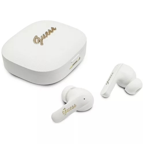 Guess - Vezeték nélküli fülhallgató Script Metal Logo (GUTWSX45PGSH) - Bluetooth V5.4, TWS, Mikrofonnal, Type-C, 400mAh - Fehér