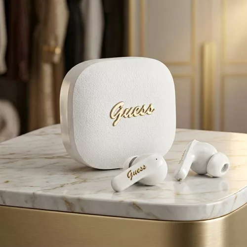 Guess - Vezeték nélküli fülhallgató Script Metal Logo (GUTWSX45PGSH) - Bluetooth V5.4, TWS, Mikrofonnal, Type-C, 400mAh - Fehér