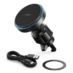   Lisen - Autós tartó vezeték nélküli töltéssel (YL0225070006) - Mágneses Szellőzőrácsra & Smooth Surface, Univerzális, 15W - Black