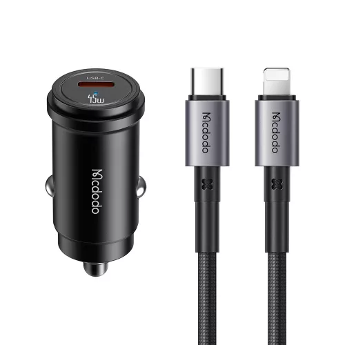Mcdodo - Car Charger Obsidian Series (CC-7495) - Type-C to Lightning Cable Included, PD45W, Smart IC, Mini Size, 1.2m - Black