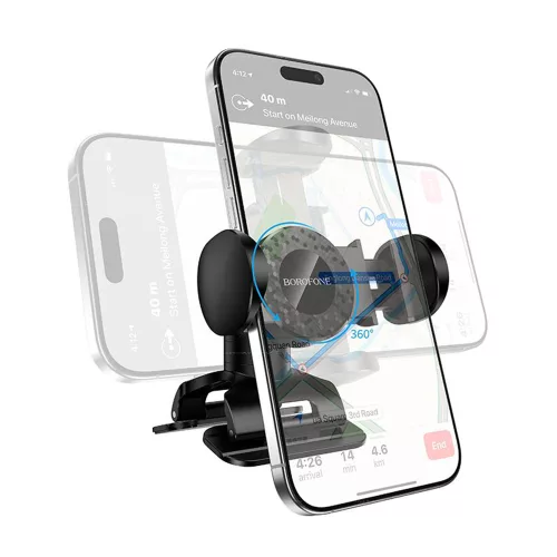 Borofone - Autós tartó (BH142) - Műszerfalra, 360° Forgathatóság, Pull Clip Mount, 4.5 - 7" telefonokhoz - Black