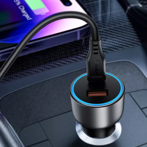 Acefast - Car Charger (B21) - USB, Type-C, 75W, PD3.0, LED Ambient Light, Smart Power Distribution, DC12-24V - Metal Gray