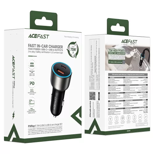 Acefast - Car Charger (B21) - USB, Type-C, 75W, PD3.0, LED Ambient Light, Smart Power Distribution, DC12-24V - Metal Gray