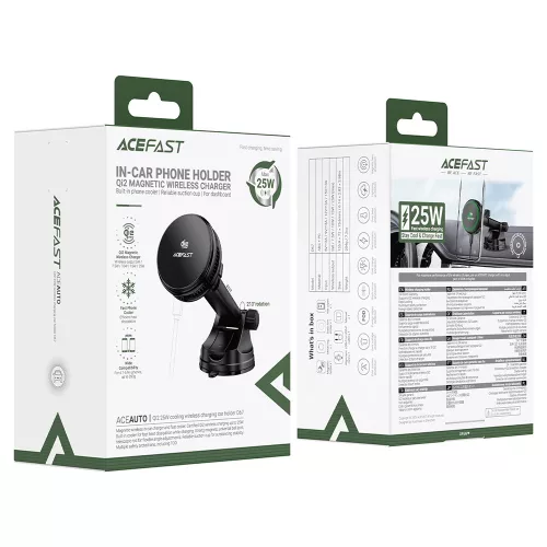 Acefast - Autós tartó vezeték nélküli töltéssel (D67) - Fast Qi2, 25W, MAG-Charge támogatás, Beépített hűtés, Műszerfalra - Black