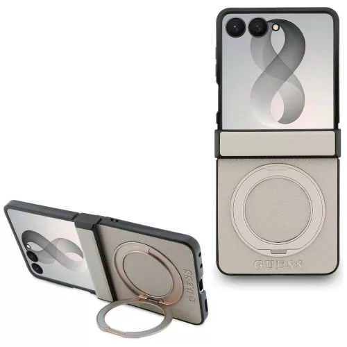 Guess - Ring Stand Grained Classic Logo MagSafe (GUHMZF86PSGRSCLE) - Samsung Galaxy Z Flip8 - Beige