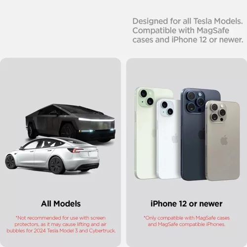 Spigen - Car Holder with Wireless Charging (ACP07870) - with Type-C Cable, MagSafe, Qi2, 15W, Designed for all Tesla - Black