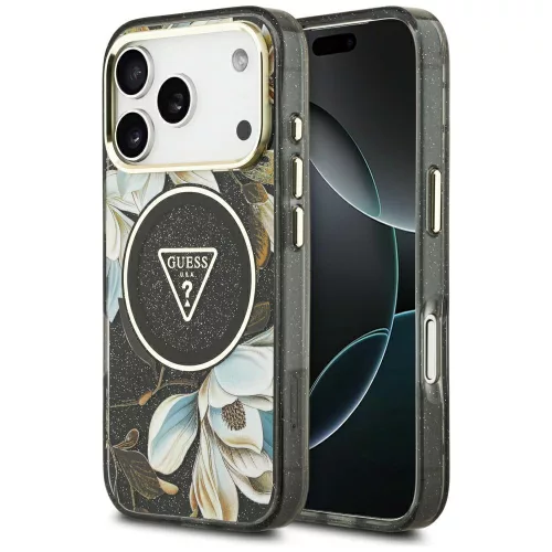 Guess - IML Glitter Flowers Triangle MagSafe (GUHMP18LHFLPEDK) - iPhone 18 Pro / iPhone 17 Pro - Black