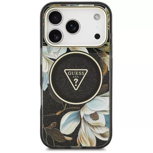 Guess - IML Glitter Flowers Triangle MagSafe (GUHMP18LHFLPEDK) - iPhone 18 Pro / iPhone 17 Pro - Black