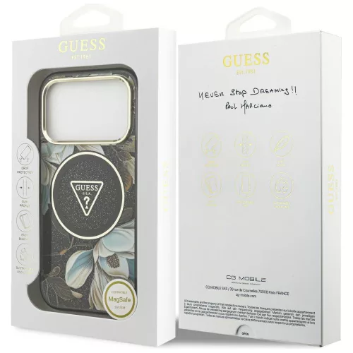 Guess - IML Glitter Flowers Triangle MagSafe (GUHMP18LHFLPEDK) - iPhone 18 Pro / iPhone 17 Pro - Black