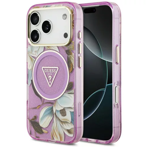 Guess - IML Glitter Flowers Triangle MagSafe (GUHMP18LHFLPEDU) - iPhone 18 Pro / iPhone 17 Pro - Purple
