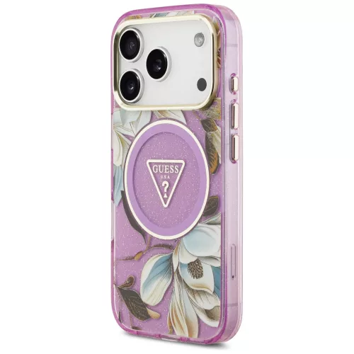 Guess - IML Glitter Flowers Triangle MagSafe (GUHMP18LHFLPEDU) - iPhone 18 Pro / iPhone 17 Pro - Purple