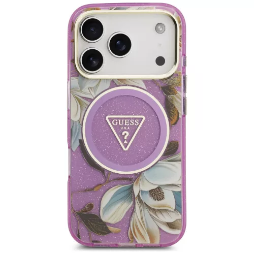 Guess - IML Glitter Flowers Triangle MagSafe (GUHMP18LHFLPEDU) - iPhone 18 Pro / iPhone 17 Pro - Purple