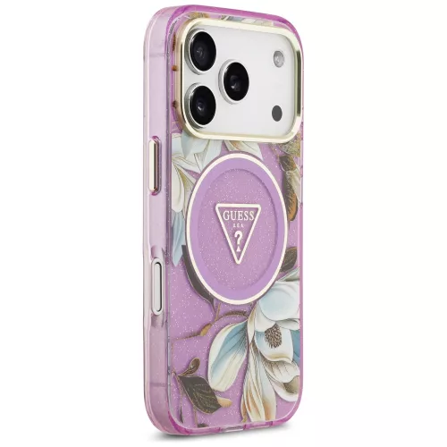 Guess - IML Glitter Flowers Triangle MagSafe (GUHMP18LHFLPEDU) - iPhone 18 Pro / iPhone 17 Pro - Purple