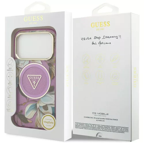 Guess - IML Glitter Flowers Triangle MagSafe (GUHMP18LHFLPEDU) - iPhone 18 Pro / iPhone 17 Pro - Purple