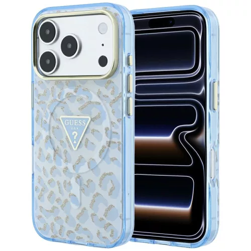 Guess - Leopard Glitter Triangle Logo MagSafe (GUHMP18LHLEGTGLU) - iPhone 18 Pro / iPhone 17 Pro - Light Blue