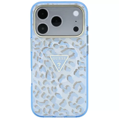 Guess - Leopard Glitter Triangle Logo MagSafe (GUHMP18LHLEGTGLU) - iPhone 18 Pro / iPhone 17 Pro - Light Blue