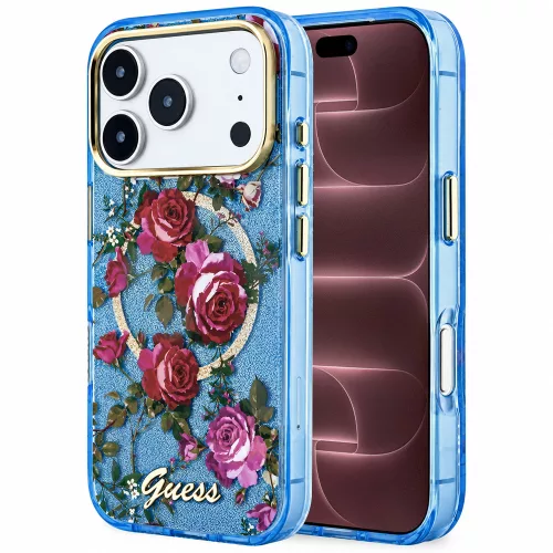 Guess - IML Glitter Blossom Roses MagSafe (GUHMP18X6HTBGSLB) - iPhone 18 Pro Max / iPhone 17 Pro Max - Light Blue