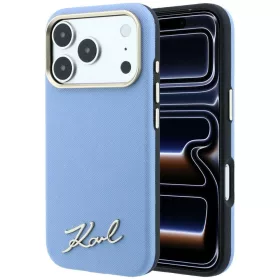   Karl Lagerfeld - Saffiano Small Script Metal Logo MagSafe (KLHMP18L6PWSKSB) - iPhone 18 Pro / iPhone 17 Pro - Light Blue