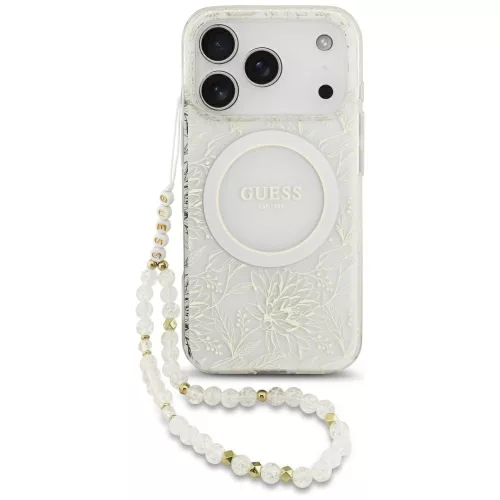 Guess - IML Flowers Electroplated with Pearl Strap MagSafe (GUHMP18XHCPOFPH) - iPhone 18 Pro Max / iPhone 17 Pro Max - White