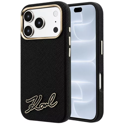 Karl Lagerfeld - Grained Leather with Resin Sign Logo MagSafe (KLHMP18L6PWKSRSK) - iPhone 18 Pro / iPhone 17 Pro - Black