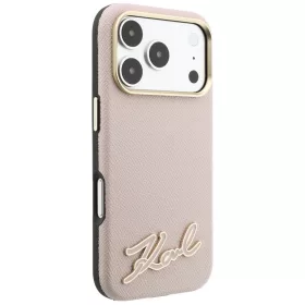   Karl Lagerfeld - Grained Leather with Resin Sign Logo MagSafe (KLHMP18L6PWKSRSP) - iPhone 18 Pro / iPhone 17 Pro - Pink