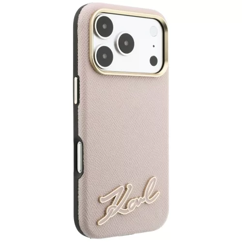 Karl Lagerfeld - Grained Leather with Resin Sign Logo MagSafe (KLHMP18L6PWKSRSP) - iPhone 18 Pro / iPhone 17 Pro - Pink