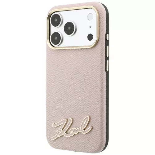 Karl Lagerfeld - Grained Leather with Resin Sign Logo MagSafe (KLHMP18L6PWKSRSP) - iPhone 18 Pro / iPhone 17 Pro - Pink