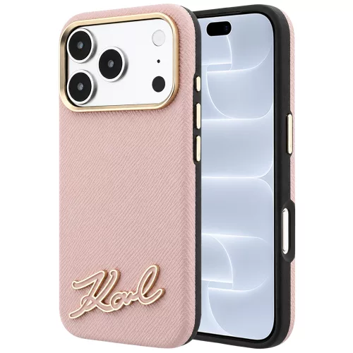Karl Lagerfeld - Grained Leather with Resin Sign Logo MagSafe (KLHMP18L6PWKSRSP) - iPhone 18 Pro / iPhone 17 Pro - Pink