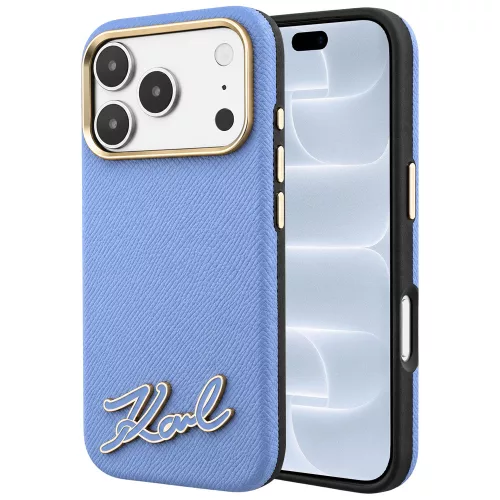 Karl Lagerfeld - Grained Leather with Resin Sign Logo MagSafe (KLHMP18L6PWKSRSB) - iPhone 18 Pro / iPhone 17 Pro - Light Blue
