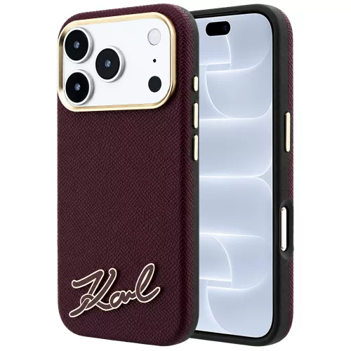 Karl Lagerfeld - Grained Leather with Resin Sign Logo MagSafe (KLHMP18L6PWKSRSR) - iPhone 18 Pro / iPhone 17 Pro - Burgundy