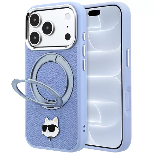 Karl Lagerfeld - Leather Ring Stand 360 C Pin MagSafe (KLHMP18LPSRSCHHB) - iPhone 18 Pro / iPhone 17 Pro - Light Blue