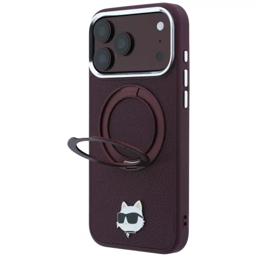 Karl Lagerfeld - Leather Ring Stand 360 C Pin MagSafe (KLHMP18LPSRSCHHR) - iPhone 18 Pro / iPhone 17 Pro - Burgundy
