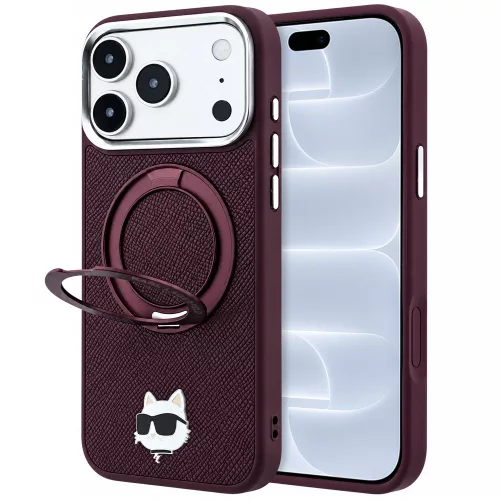 Karl Lagerfeld - Leather Ring Stand 360 C Pin MagSafe (KLHMP18LPSRSCHHR) - iPhone 18 Pro / iPhone 17 Pro - Burgundy