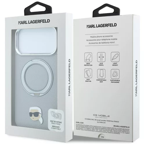 Karl Lagerfeld - Leather Ring Stand 360 K Pin MagSafe (KLHMP18LPSRSKLHG) - iPhone 18 Pro / iPhone 17 Pro - Grey