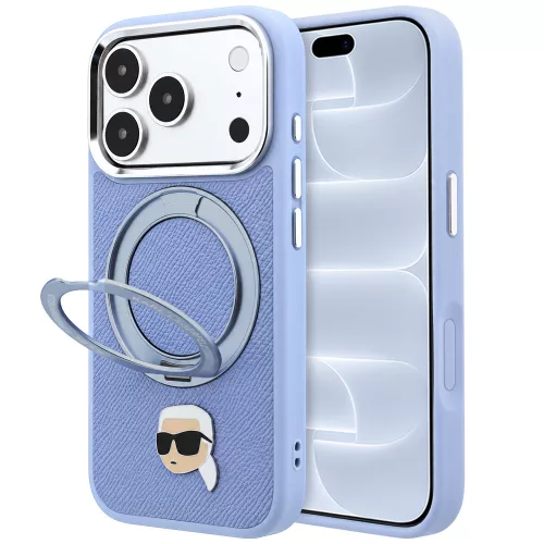 Karl Lagerfeld - Leather Ring Stand 360 K Pin MagSafe (KLHMP18LPSRSKLHB) - iPhone 18 Pro / iPhone 17 Pro - Light Blue