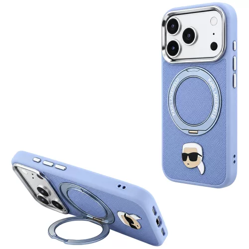 Karl Lagerfeld - Leather Ring Stand 360 K Pin MagSafe (KLHMP18LPSRSKLHB) - iPhone 18 Pro / iPhone 17 Pro - Light Blue