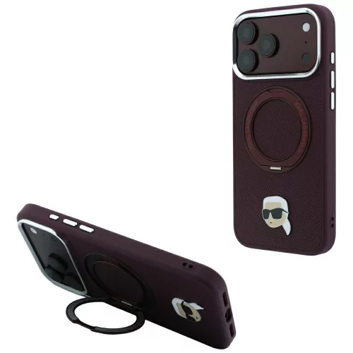 Karl Lagerfeld - Leather Ring Stand 360 K Pin MagSafe (KLHMP18LPSRSKLHR) - iPhone 18 Pro / iPhone 17 Pro - Burgundy