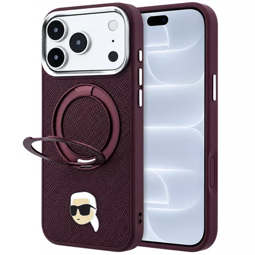 Karl Lagerfeld - Leather Ring Stand 360 K Pin MagSafe (KLHMP18LPSRSKLHR) - iPhone 18 Pro / iPhone 17 Pro - Burgundy