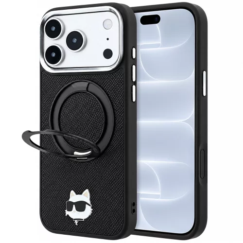 Karl Lagerfeld - Leather Ring Stand 360 C Pin MagSafe (KLHMP18LPSRSCHHK) - iPhone 18 Pro / iPhone 17 Pro - Black