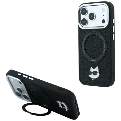 Karl Lagerfeld - Leather Ring Stand 360 C Pin MagSafe (KLHMP18LPSRSCHHK) - iPhone 18 Pro / iPhone 17 Pro - Black