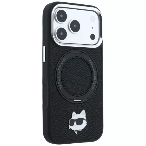 Karl Lagerfeld - Leather Ring Stand 360 C Pin MagSafe (KLHMP18LPSRSCHHK) - iPhone 18 Pro / iPhone 17 Pro - Black