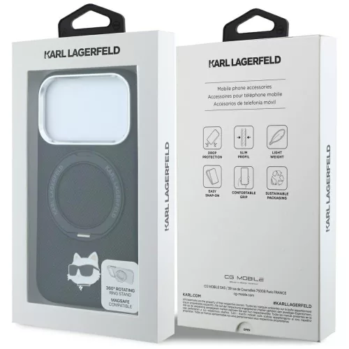 Karl Lagerfeld - Leather Ring Stand 360 C Pin MagSafe (KLHMP18LPSRSCHHK) - iPhone 18 Pro / iPhone 17 Pro - Black