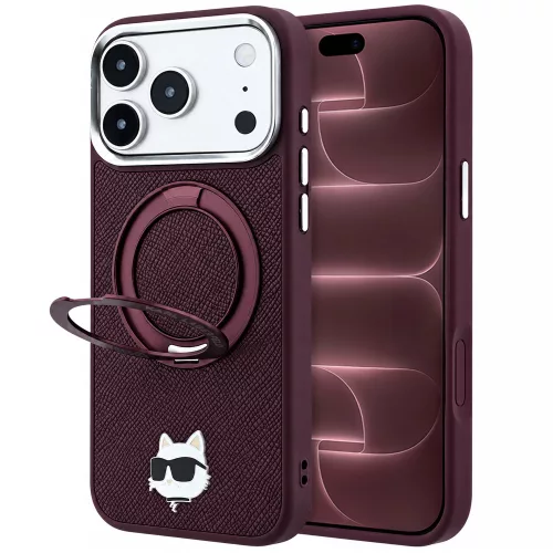 Karl Lagerfeld - Leather Ring Stand 360 C Pin MagSafe (KLHMP18XPSRSCHHR) - iPhone 18 Pro Max / iPhone 17 Pro Max - Burgundy