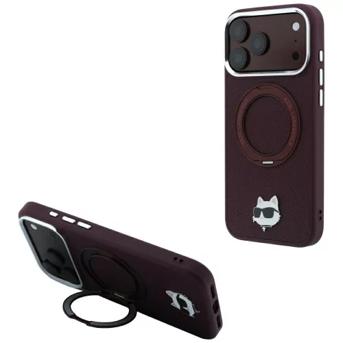 Karl Lagerfeld - Leather Ring Stand 360 C Pin MagSafe (KLHMP18XPSRSCHHR) - iPhone 18 Pro Max / iPhone 17 Pro Max - Burgundy