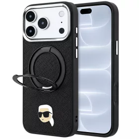   Karl Lagerfeld - Leather Ring Stand 360 K Pin MagSafe (KLHMP18LPSRSKLHK) - iPhone 18 Pro / iPhone 17 Pro - Black
