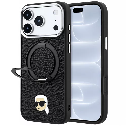 Karl Lagerfeld - Leather Ring Stand 360 K Pin MagSafe (KLHMP18LPSRSKLHK) - iPhone 18 Pro / iPhone 17 Pro - Black