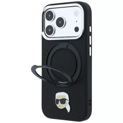 Karl Lagerfeld - Leather Ring Stand 360 K Pin MagSafe (KLHMP18LPSRSKLHK) - iPhone 18 Pro / iPhone 17 Pro - Black