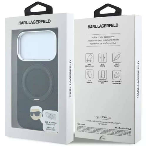 Karl Lagerfeld - Leather Ring Stand 360 K Pin MagSafe (KLHMP18LPSRSKLHK) - iPhone 18 Pro / iPhone 17 Pro - Black